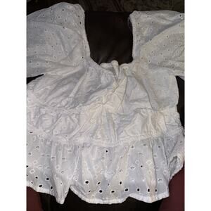 A New Day Womens Size L White Puff Elbow Sleeve Eyelet Top STUNNING